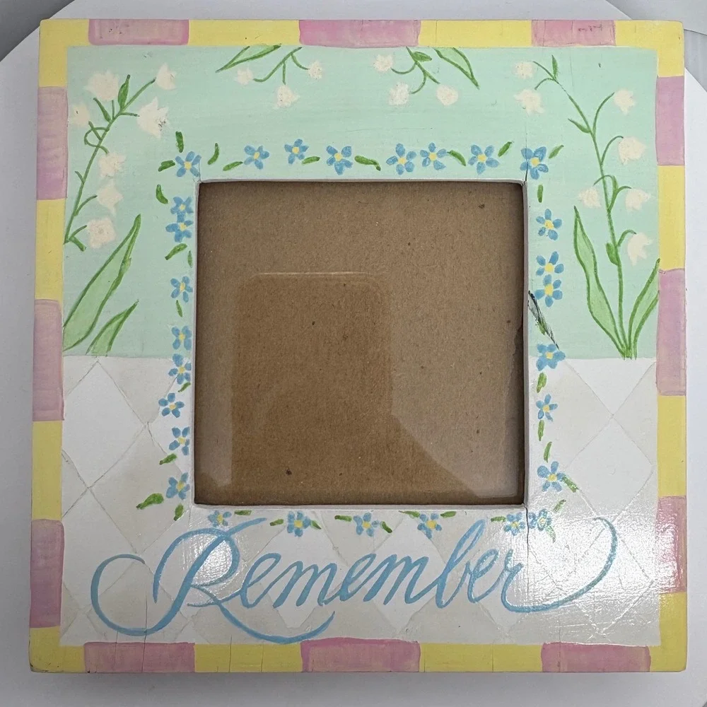 Hand Painted Wood Remember Floral Picture Frame Pastel 6x6 Elsa L Inc